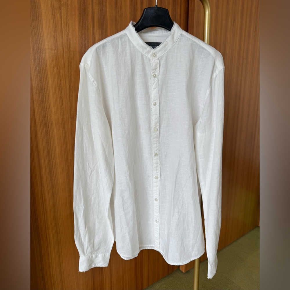 John Varvatos Off-White Distressed Edges Mandarin Button Shirt